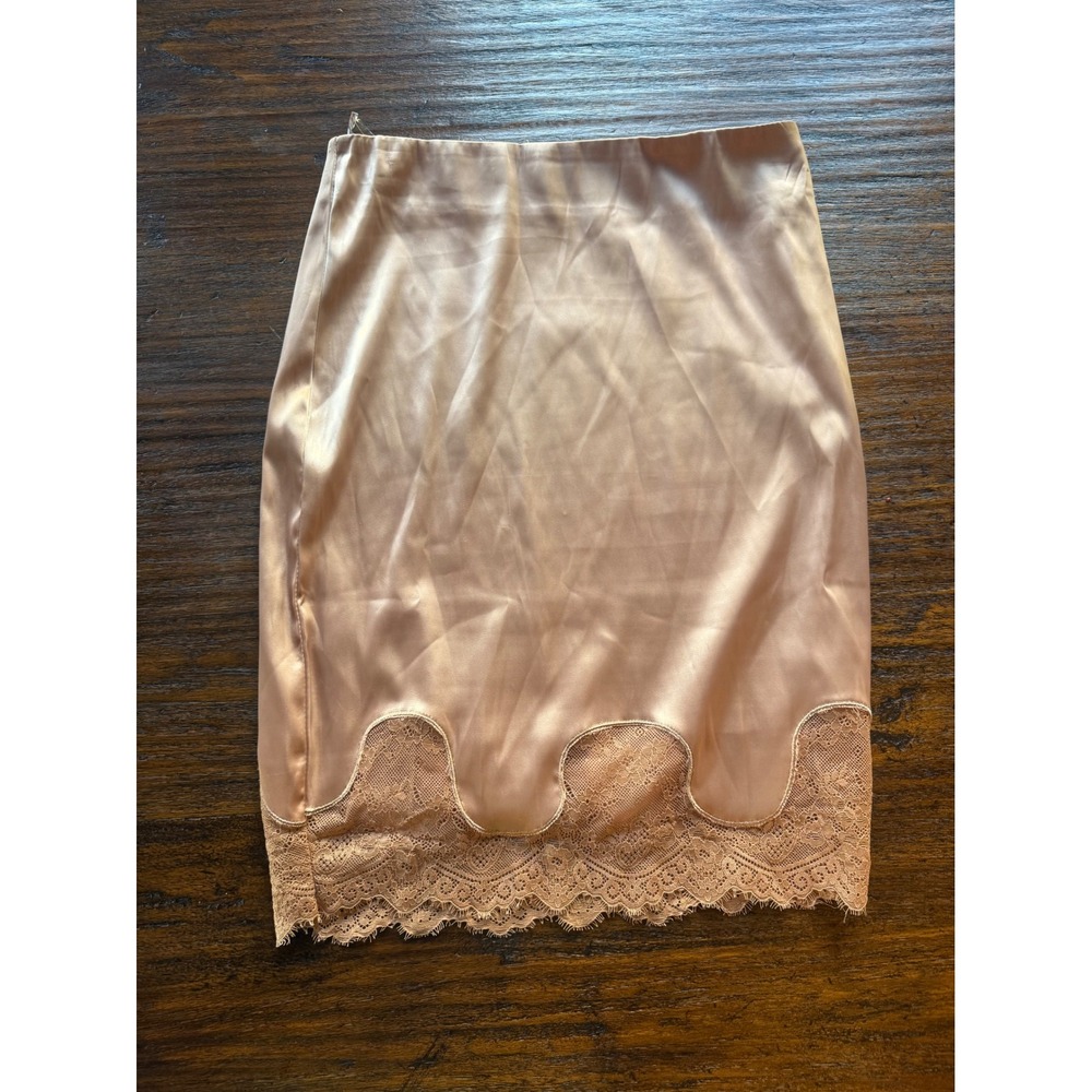 TIC TOC Women's Satin Lace Trim Midi Skirt Size S Champagne Nude Y2K Lingerie
